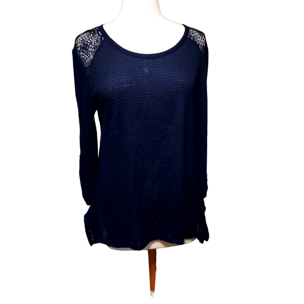Cato Waffle Knit Top Xl Blue Lace Crochet Ribbed Knit Sweater Top Blouse Shirt
